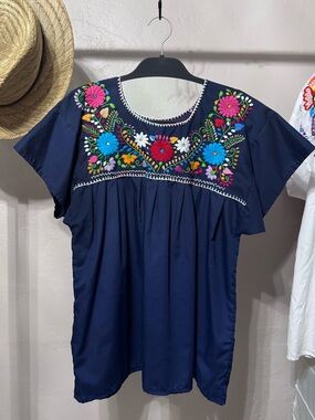 Mexican Import - Embroidered Navy Women's Peasant Top